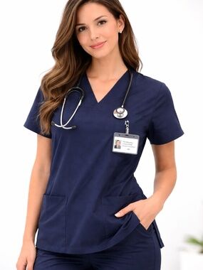 Natural Uniforms Scrub Top Womens Size XS Navy Blue Nurse Medical Cotton Polyest